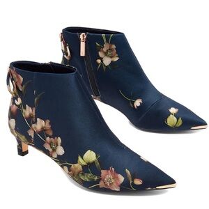 Ted Baker Navy Blue Floral Rose Gold Metal Tip Ankle Boots